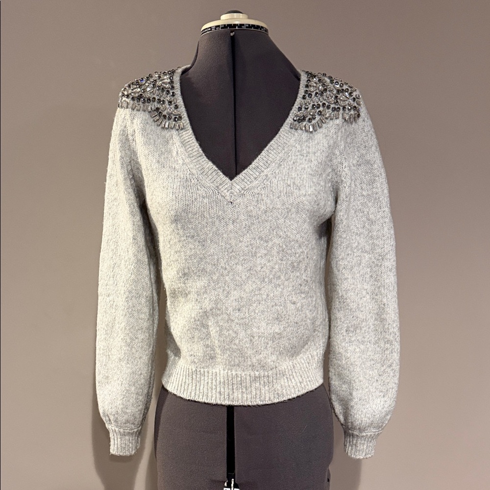 White House Black Market Gray V-Neck Sweater with Beaded Shoulders